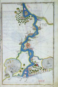 MS W.658 fol.304v Kitab-I Bahriyeのナイル川の地図（紙にテンペラ、金、インク）
